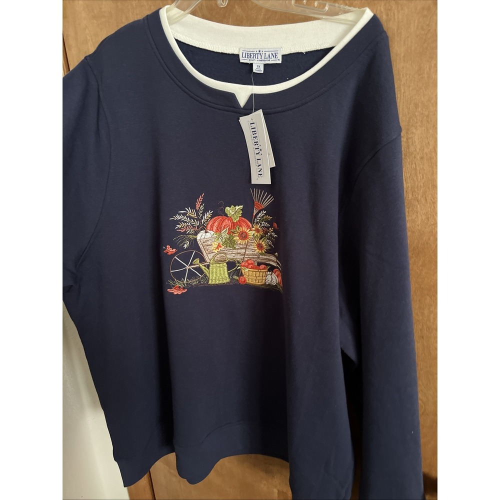 Liberty Lane Sweatshirt Plus XXXL Blue Embroidered Cottage‎ Core Granny Fall 3X - Picture 2 of 9